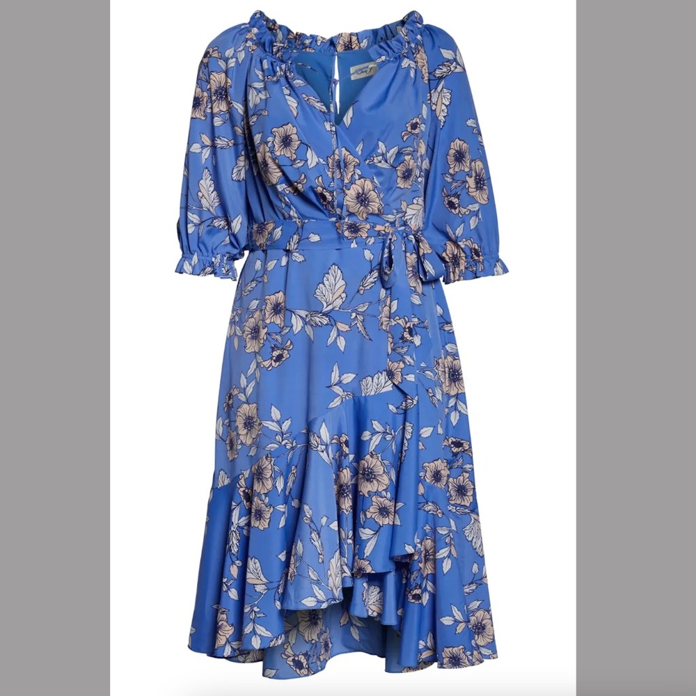 Eliza J Gathered Neck Faux Wrap Midi Dress